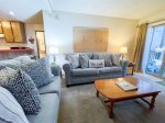 Mammoth Condo Rental Chamonix A7 - Living Room has a Large Flat Screen TV,  Queen Sofa Sleeper and Fireplace